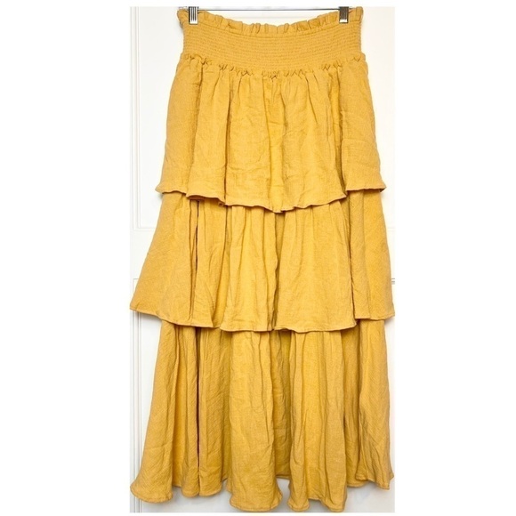 FREE PEOPLE 70s Ruffle Tier Ruched High Waist Flowy Textured Cotton Midi Skirt M - Picture 2 of 6